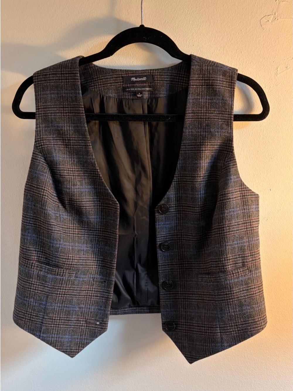 Madewell Women’s Wool Gray Plaid Button Vest